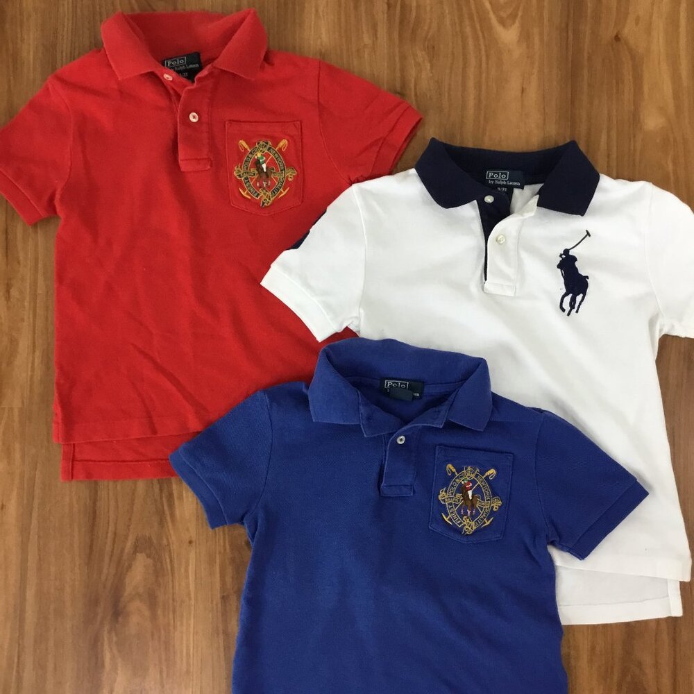 Three (3) Polo Ralph Lauren boysred, white, & blue big pony polo shirts s/s Sz 3
